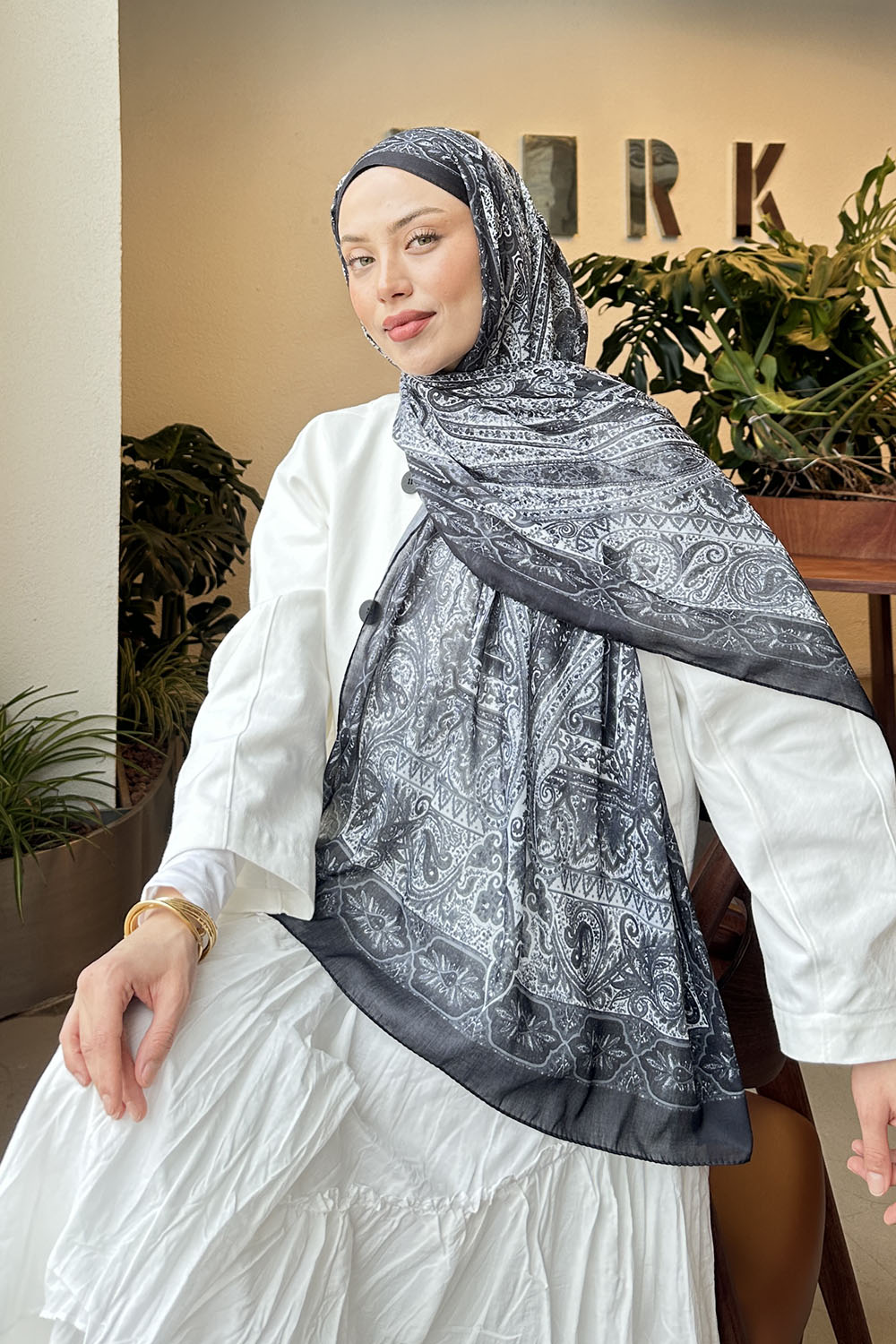 Lamelif Retro Desen Pamuk Şal Antrasit