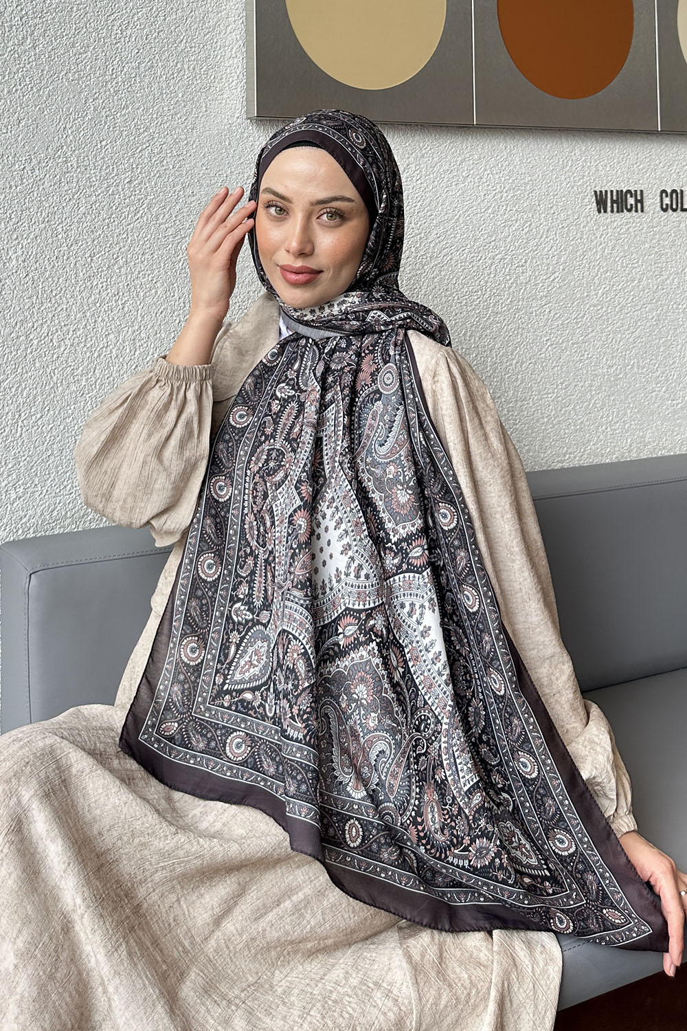 Lamelif Retro Desen Soft Şal Antrasit Pudra