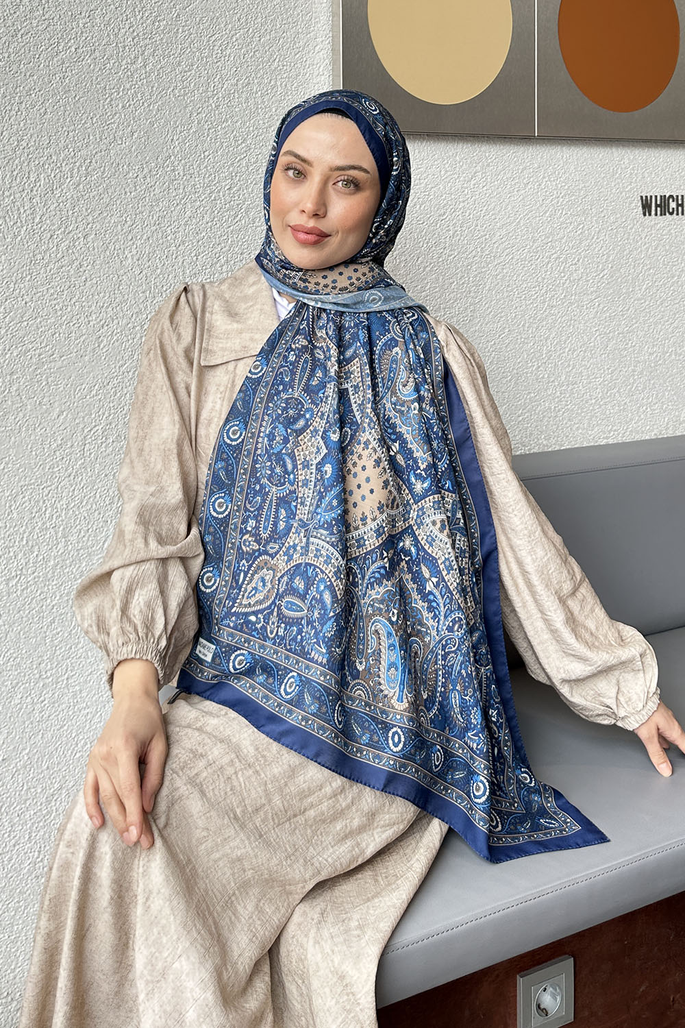 Lamelif Retro Desen Soft Şal Gece Mavisi