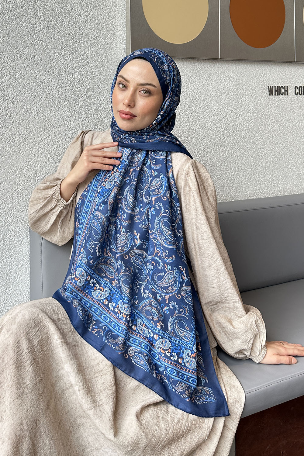 Lamelif Retro Desen Soft Şal Gece Mavisi