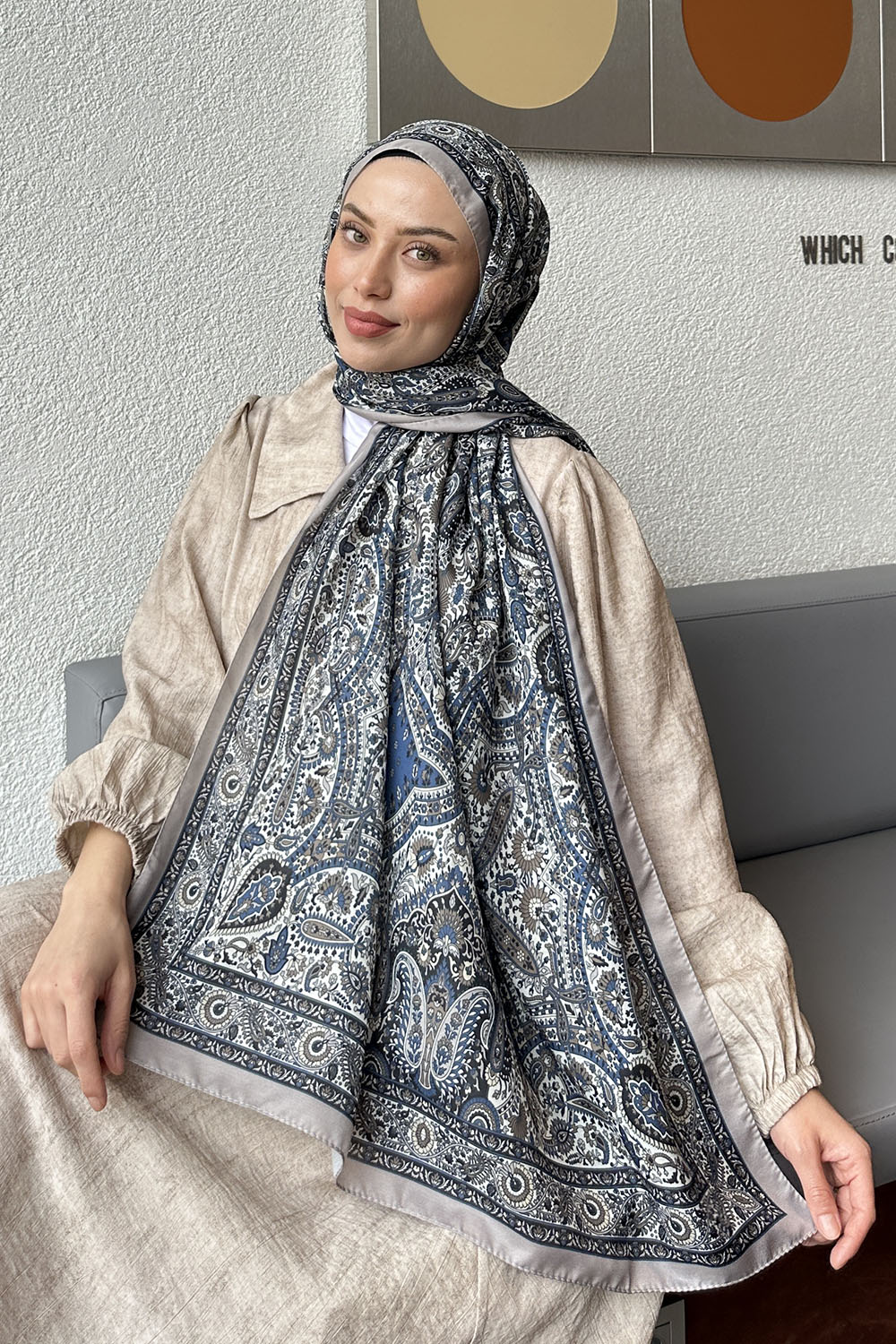 Lamelif Retro Desen Soft Şal Mavi Vizon