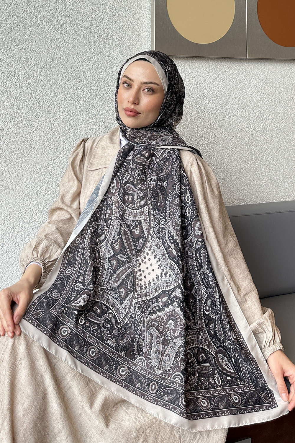 Lamelif Retro Desen Soft Şal Taş Acı Kahve