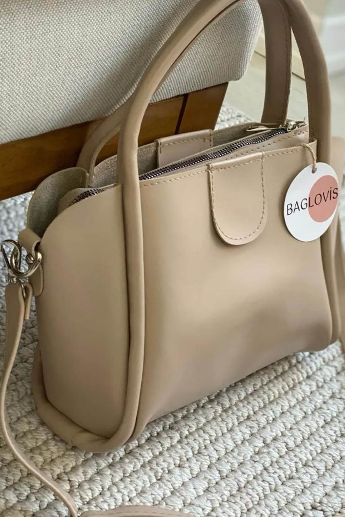 Lamelif Makyaj Çantalı Mıknatıs Kapatmalı Kadın Omuz Çantası Vizonrengi