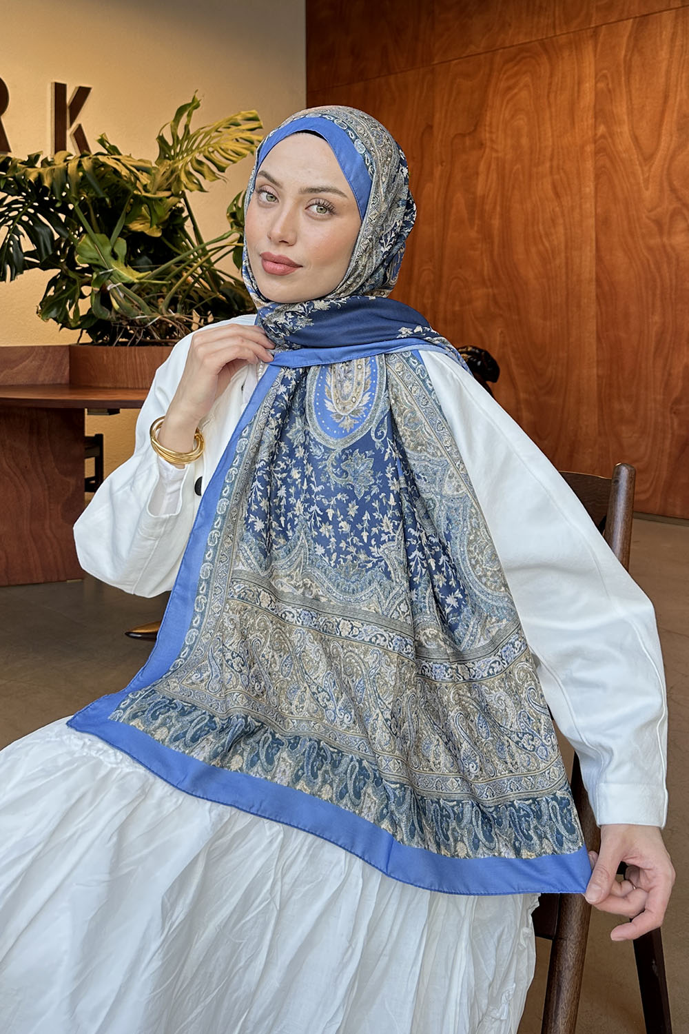 Lamelif Retro Desen Soft Şal Mavi