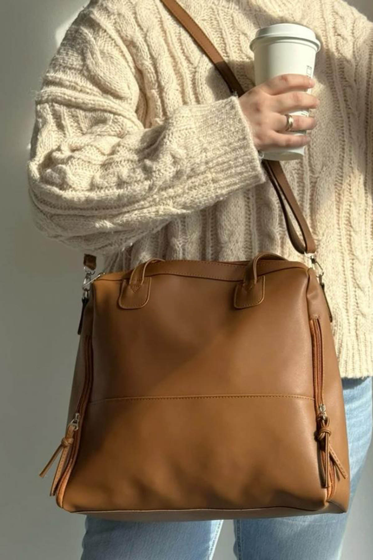 Tan With Zipper Skin Hand Bag Bag