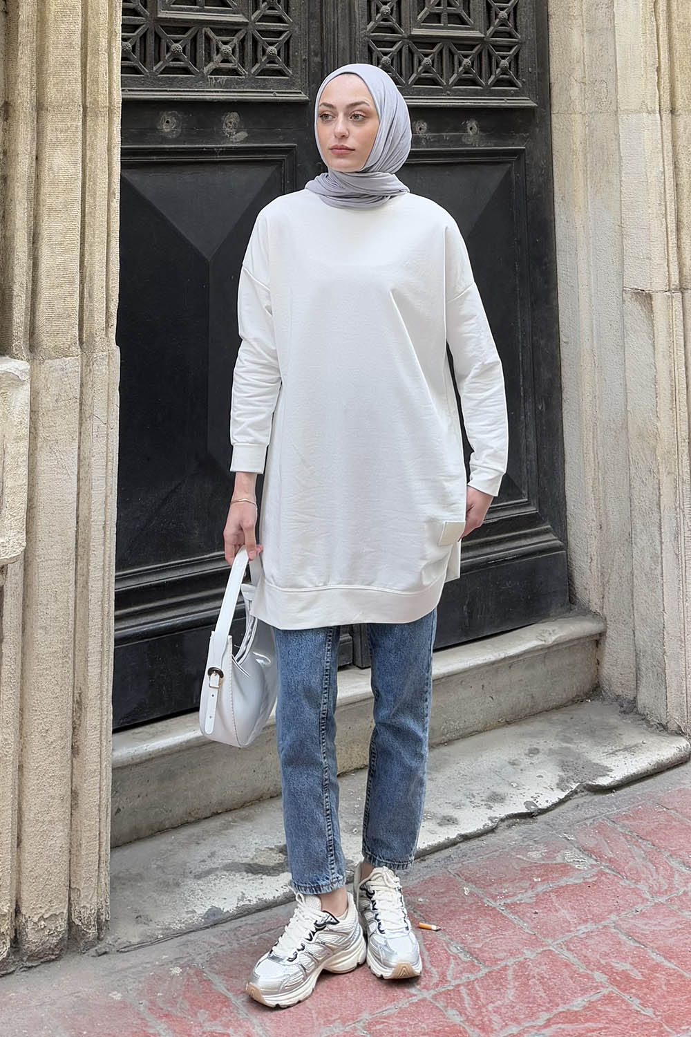 Lamelif İki iplikli Arma Detaylı Sweat Tunik Beyaz