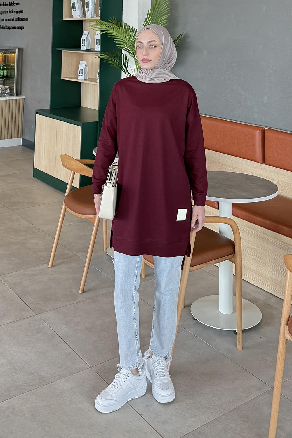 Lamelif İki iplikli Arma Detaylı Sweat Tunik Bordo