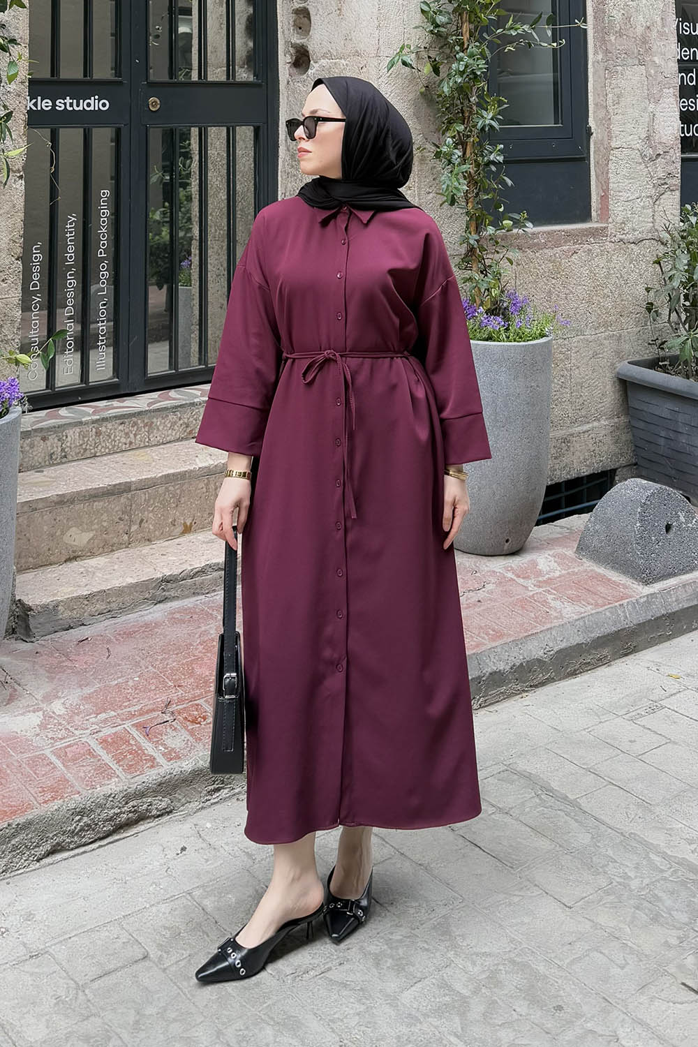 Lamelif Takma Manşet Detaylı Dabıl Tesettür Elbise Mürdüm