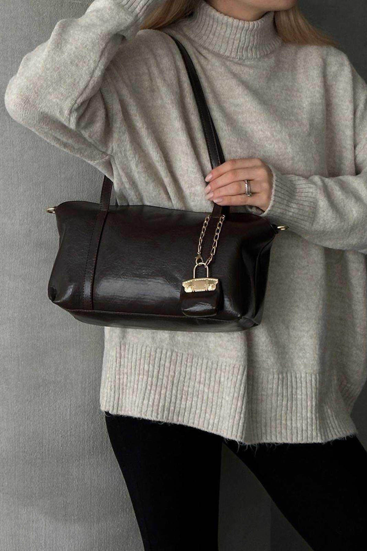 Lamelif Vanetta Model Deri Kadın El Ve Omuz Çantası Acı Kahve