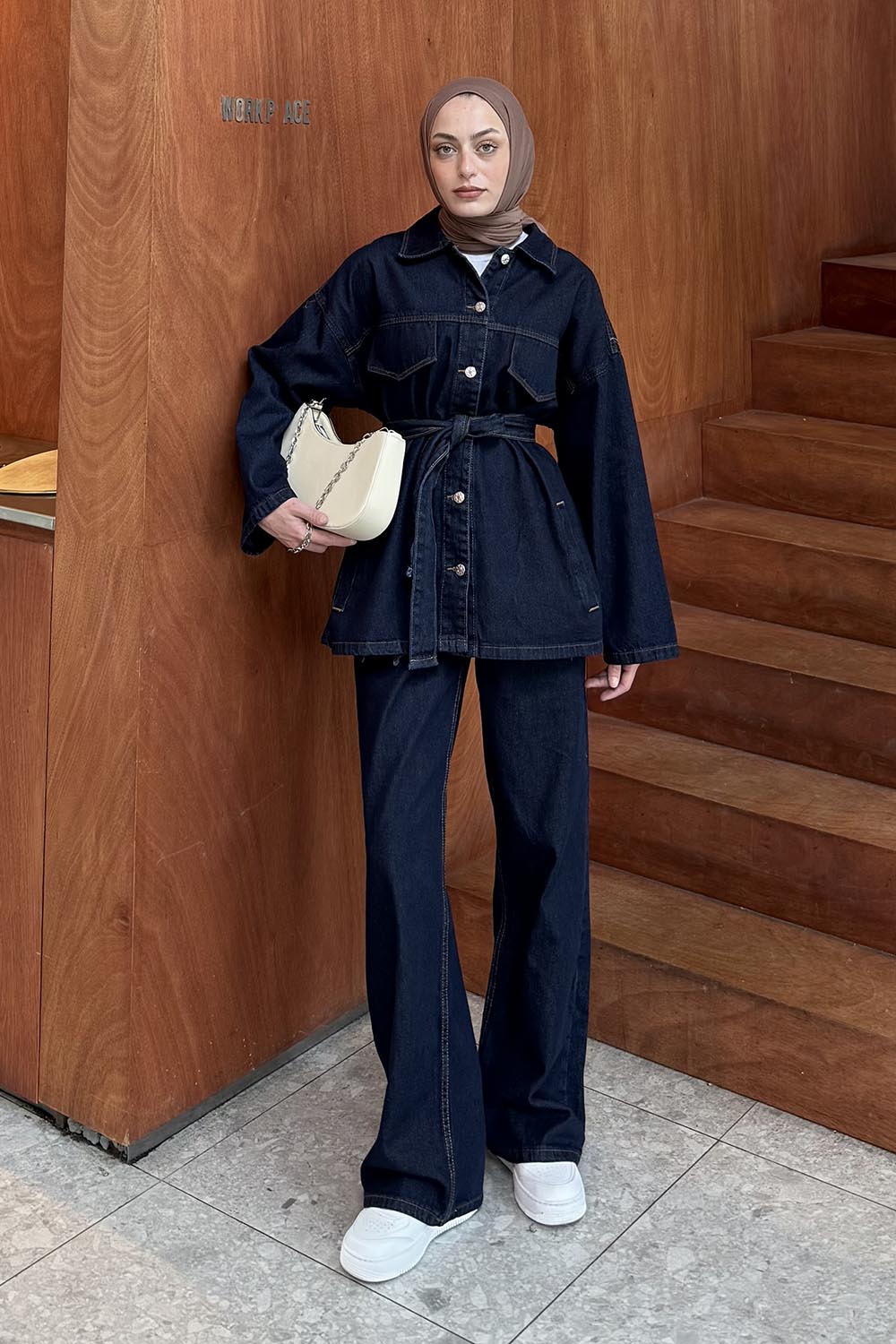 Lamelif Denim Kuşaklı Ceket-Pantolon İkili Takım Kot Mavisi