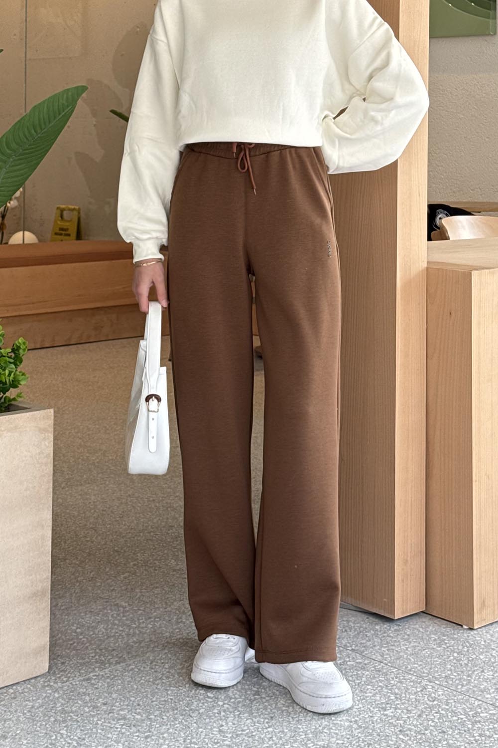 Lamelif Modal Kumaş Bol Paça Eşofman Kahve