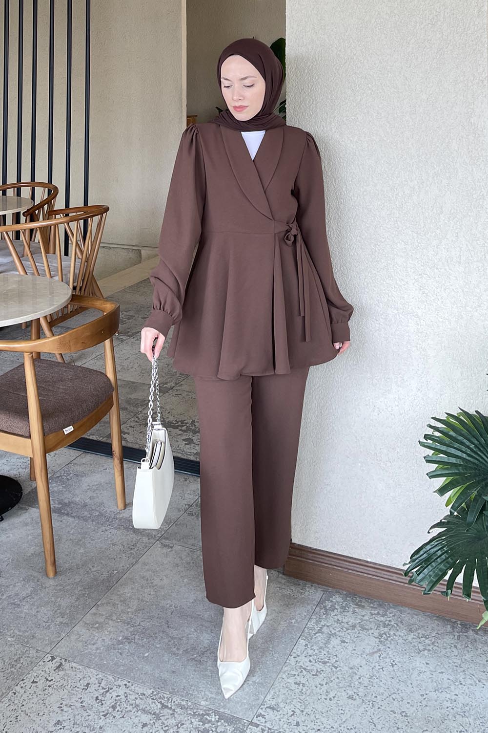 Lamelif Bağlamalı Ceketli Takım Acı Kahve