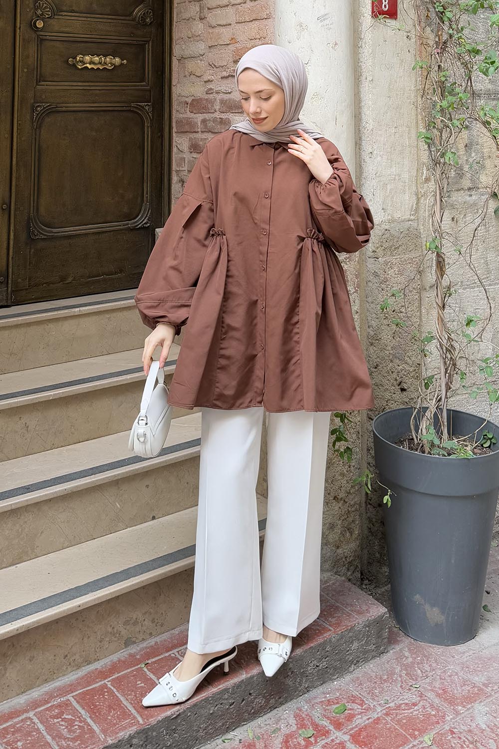 Lamelif Lopez Balon Kol Tunik Acı Kahve