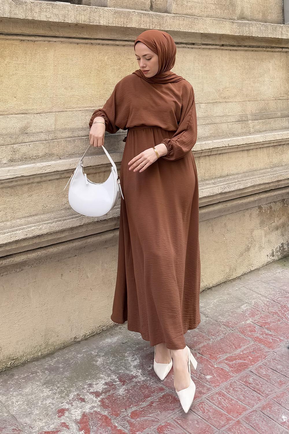 Modalamelif Yarasa Kol Prenses Elbise Taba