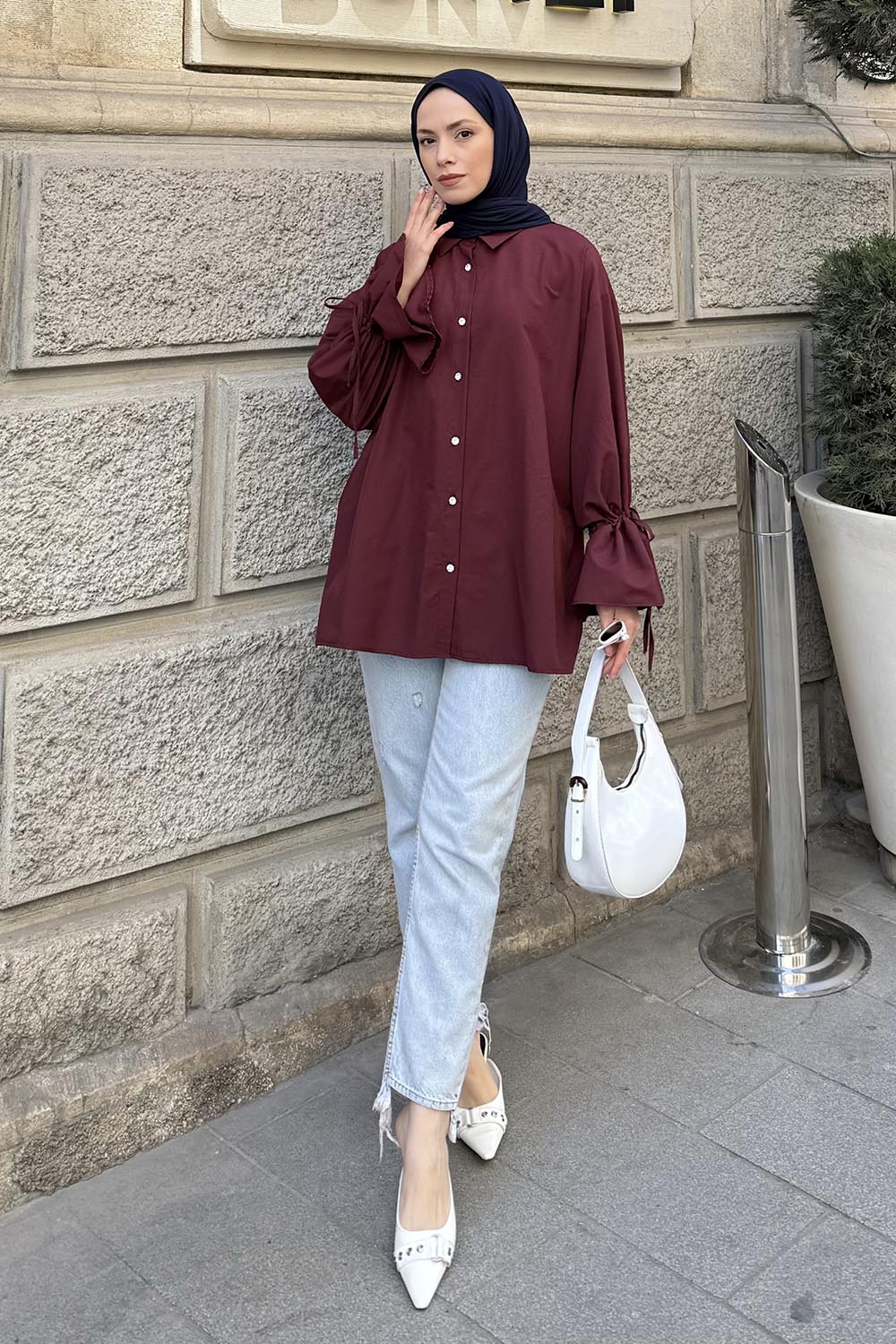 Lamelif Kol Tünel İp Detaylı Gömlek Bordo