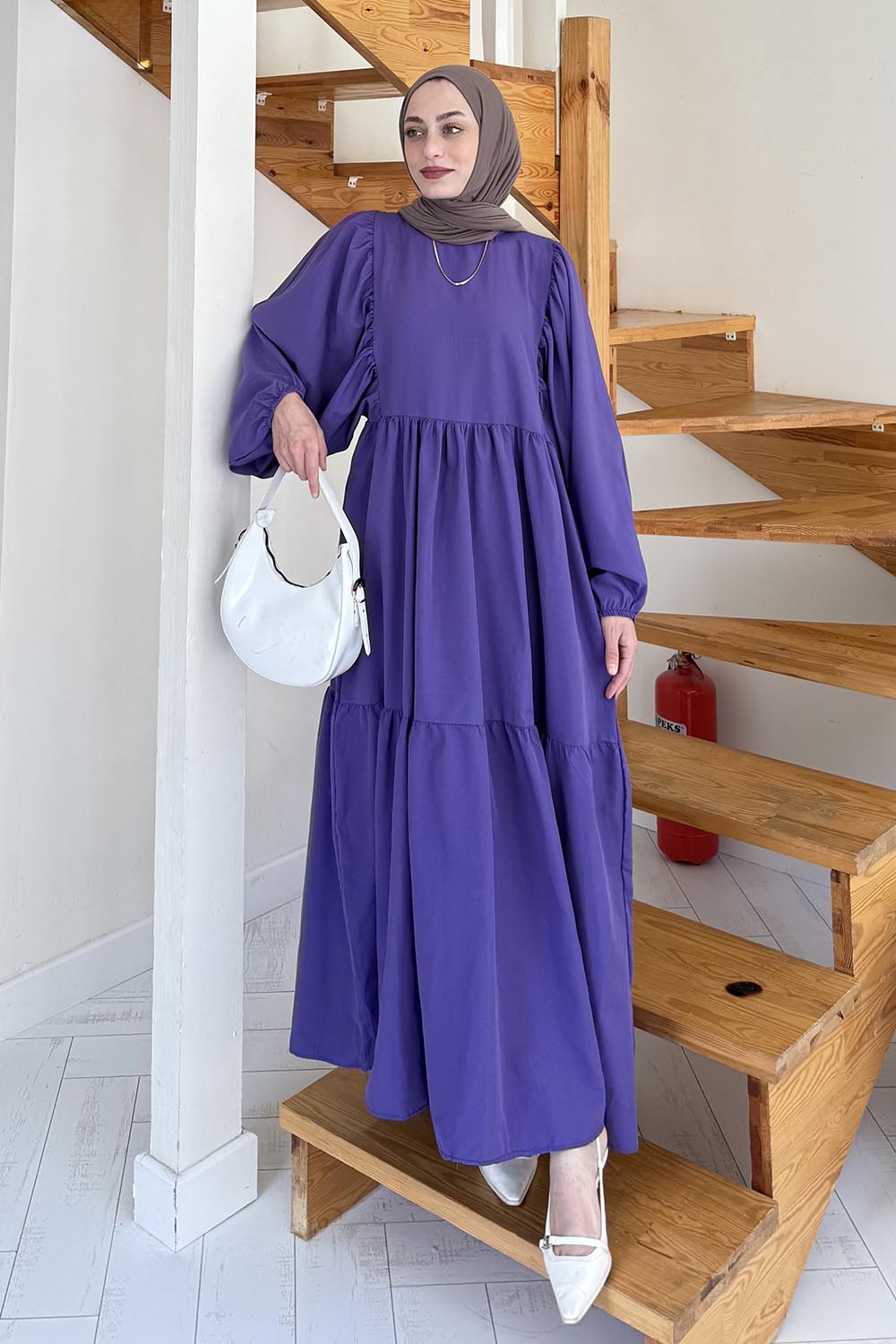 Lamelif Balon Kol Katlı Elbise Mor