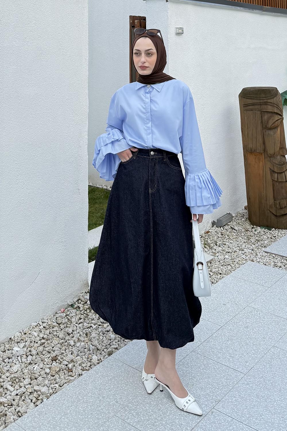 lamelif Piliseli Uzun Gömlek Mavi