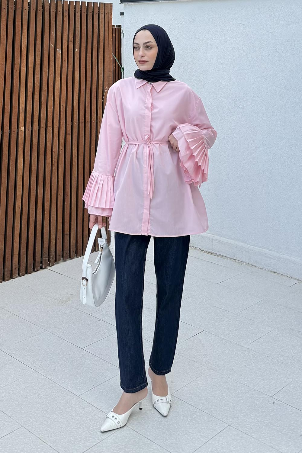 lamelif Piliseli Uzun Gömlek Şeker Pembesi