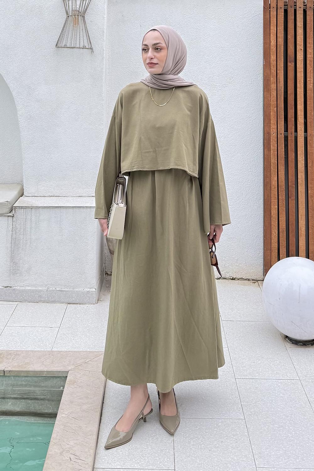 Lamelif Etekli Tesettür Takım Haki