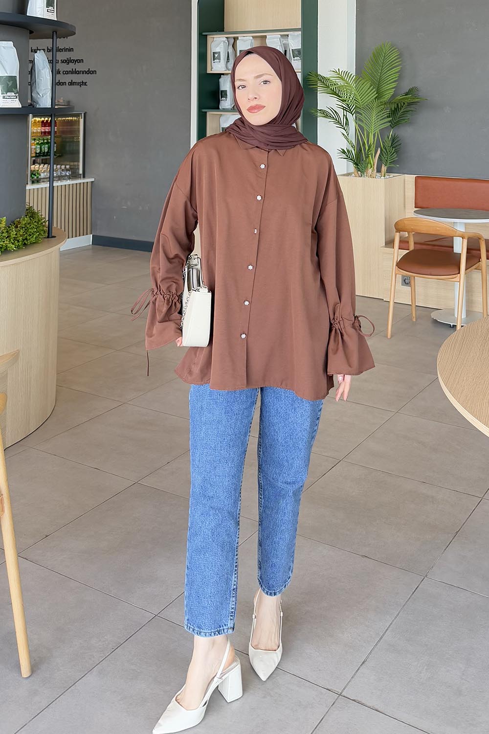 Lamelif Kol Tünel İp Detaylı Gömlek Acı Kahve