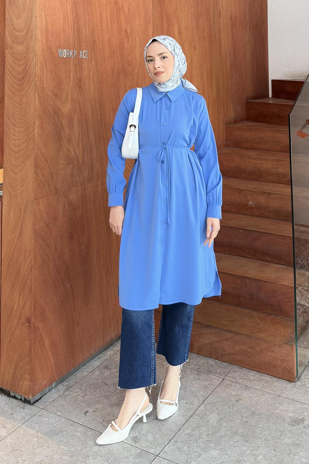 Indigo Shirt Collar Crepe Fabric Unprinted Tunic