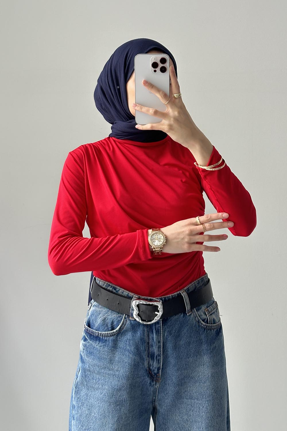 Lamelif Bisiklet Yaka Büzgü Detaylı Sandy Body Nar Çiçeği