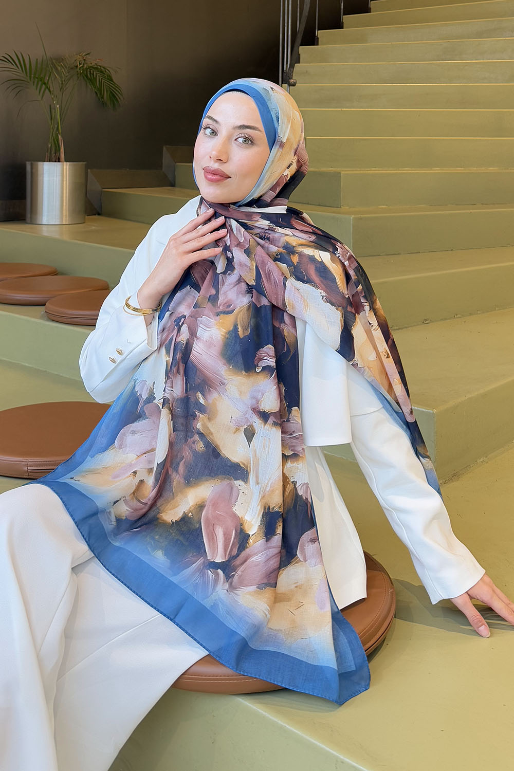 Lamelif Elegan Desen Soft  Şal Kot Mavisi