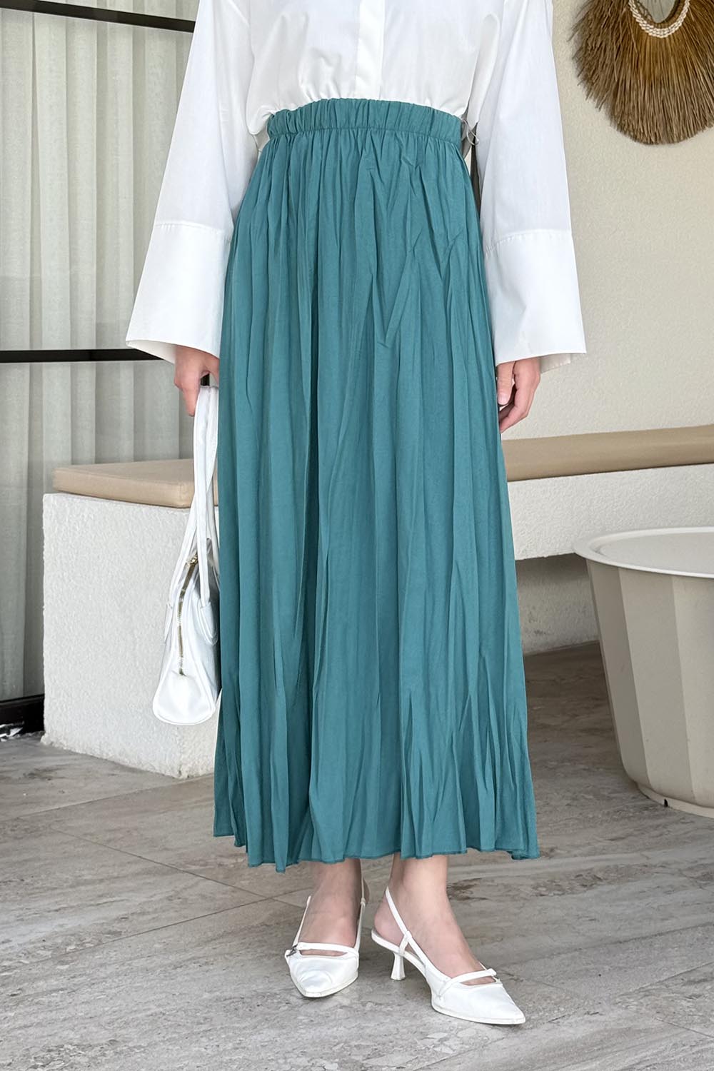 Lamelif Poplin Kraşlı Tesettür Etek Zümrüt Yeşili