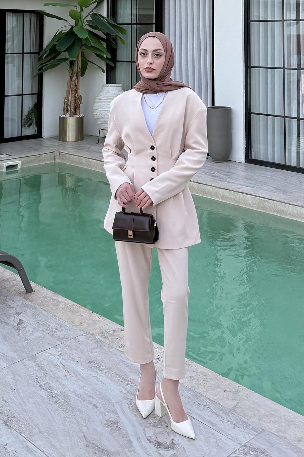 Lamelif Pensli Ceket-Pantolon İkili Takım Taş Rengi