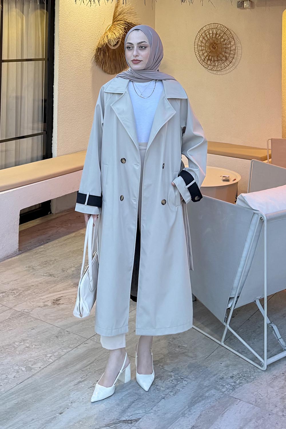 Lamelif Şerit Detay Kuşaklı Trenç Siyah