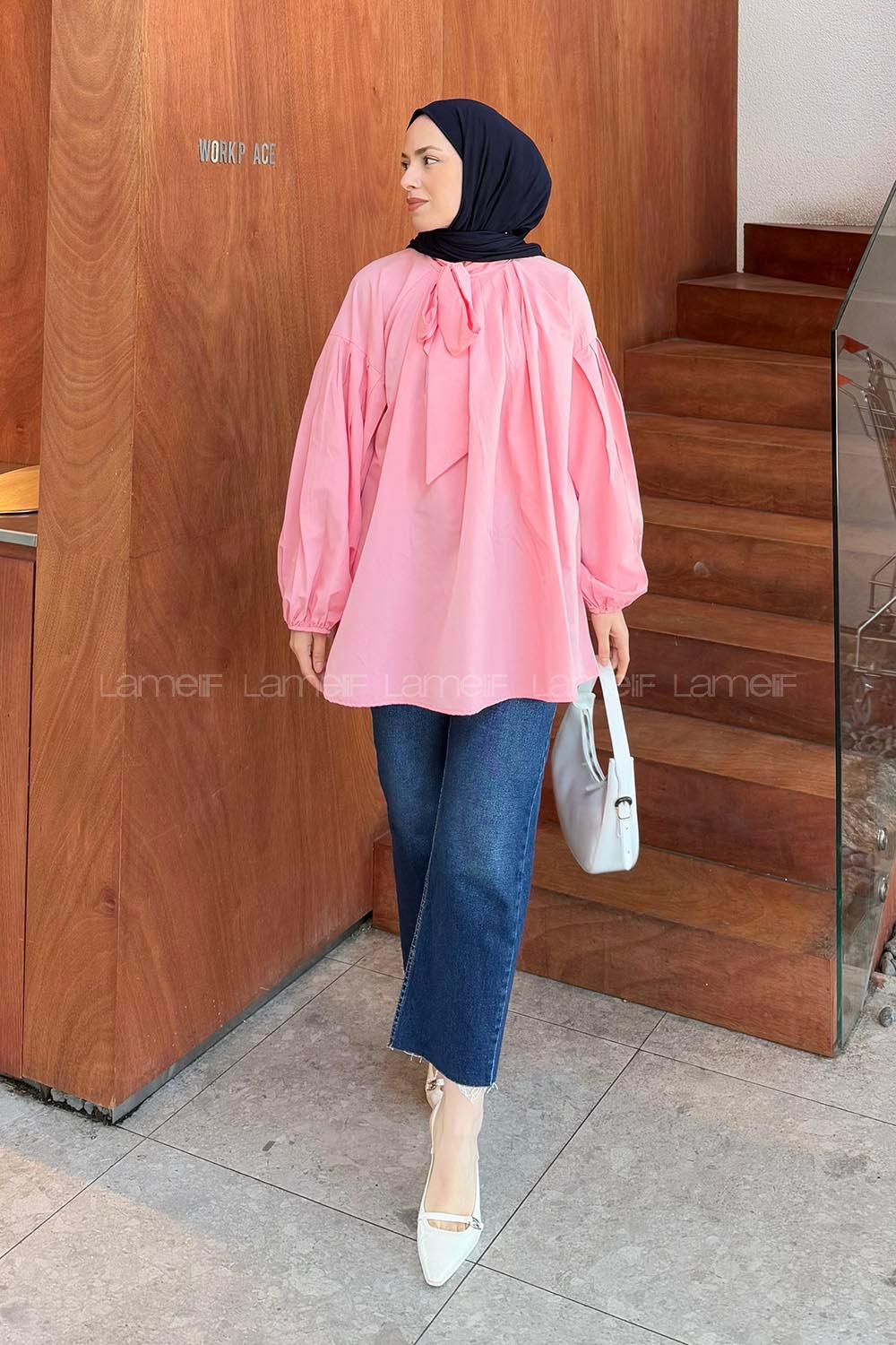 Candy Pink Turtle Neck Long Arm Poplin Fabric Shirt