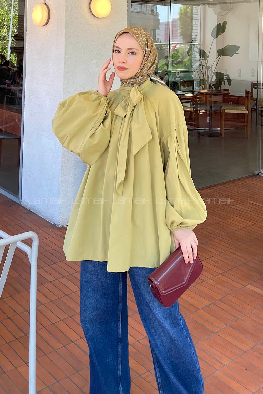 Lamelif Yaka Fular Detaylı Gömlek Yağ Yeşili