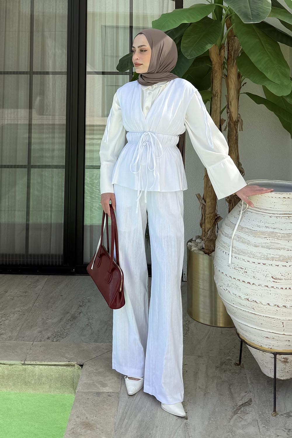 Lamelif Bel Lastik Detaylı Bluz Takım Beyaz