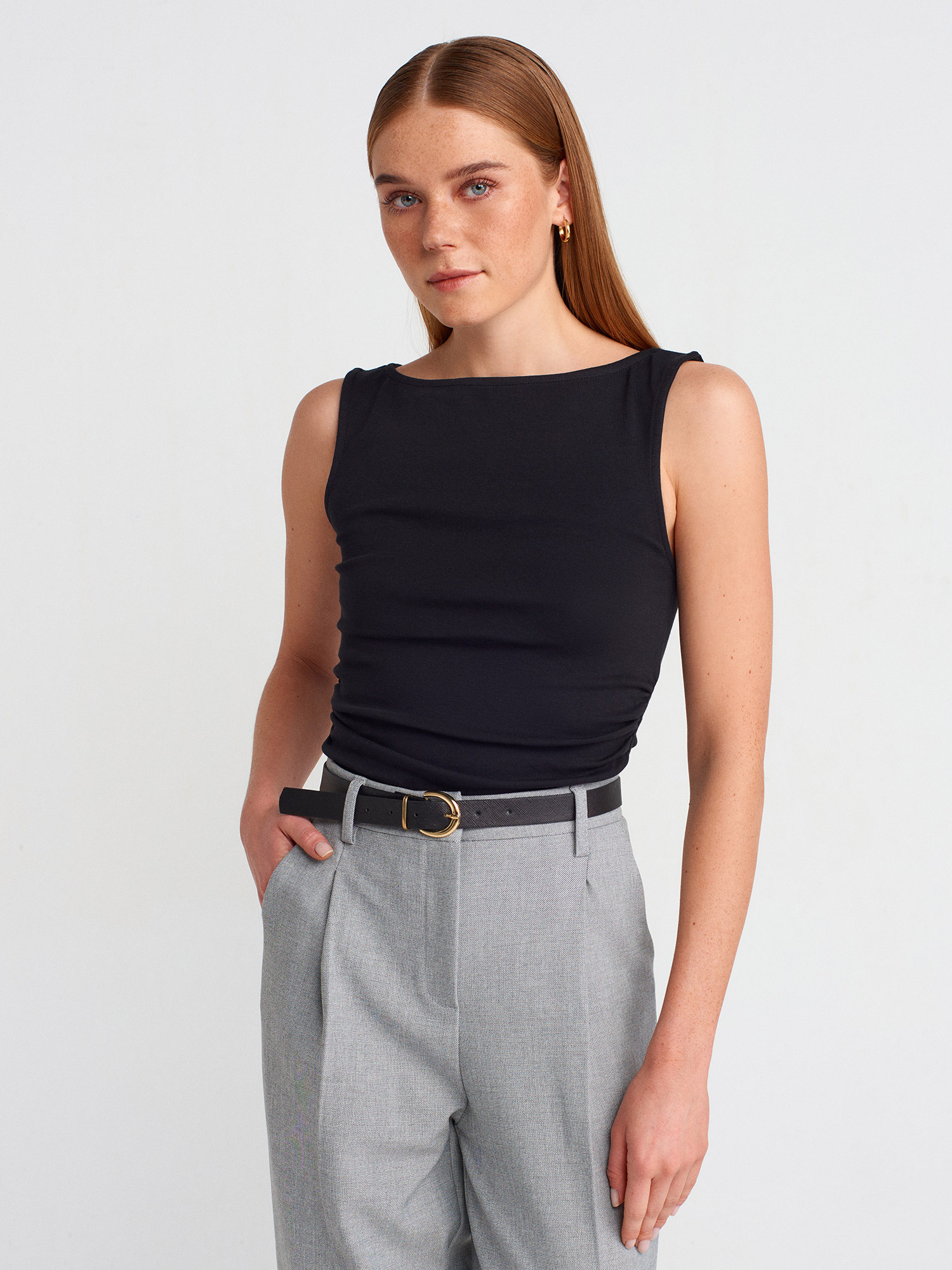 Lamelif DİLVİN 31589 Büzgülü Kayık Yaka Siyah