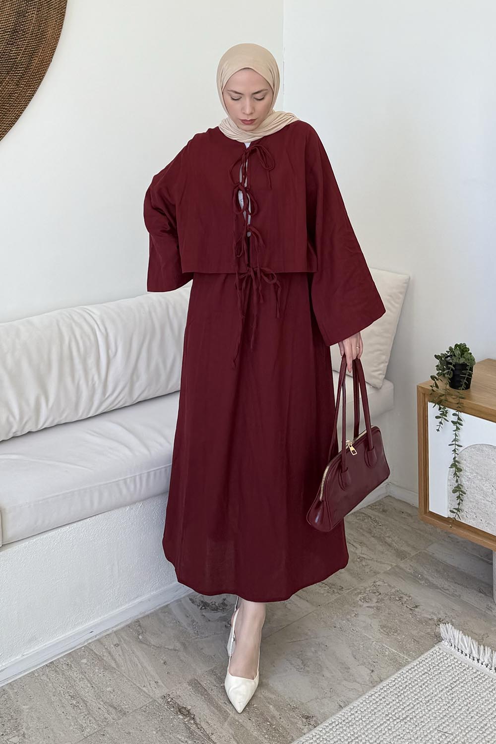 Lamelif Önü Bağlamalı Keten Takım Bordo