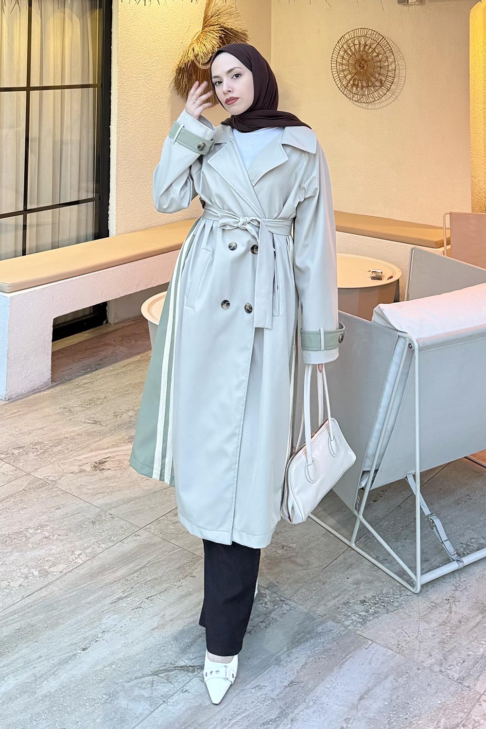 Plum Green Long Arm Cotton Trench Coat