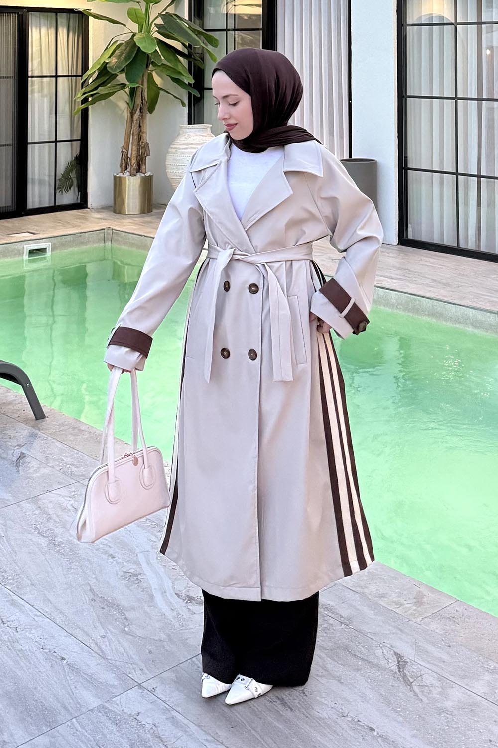 Lamelif Şerit Detay Kuşaklı Trenç Kahve