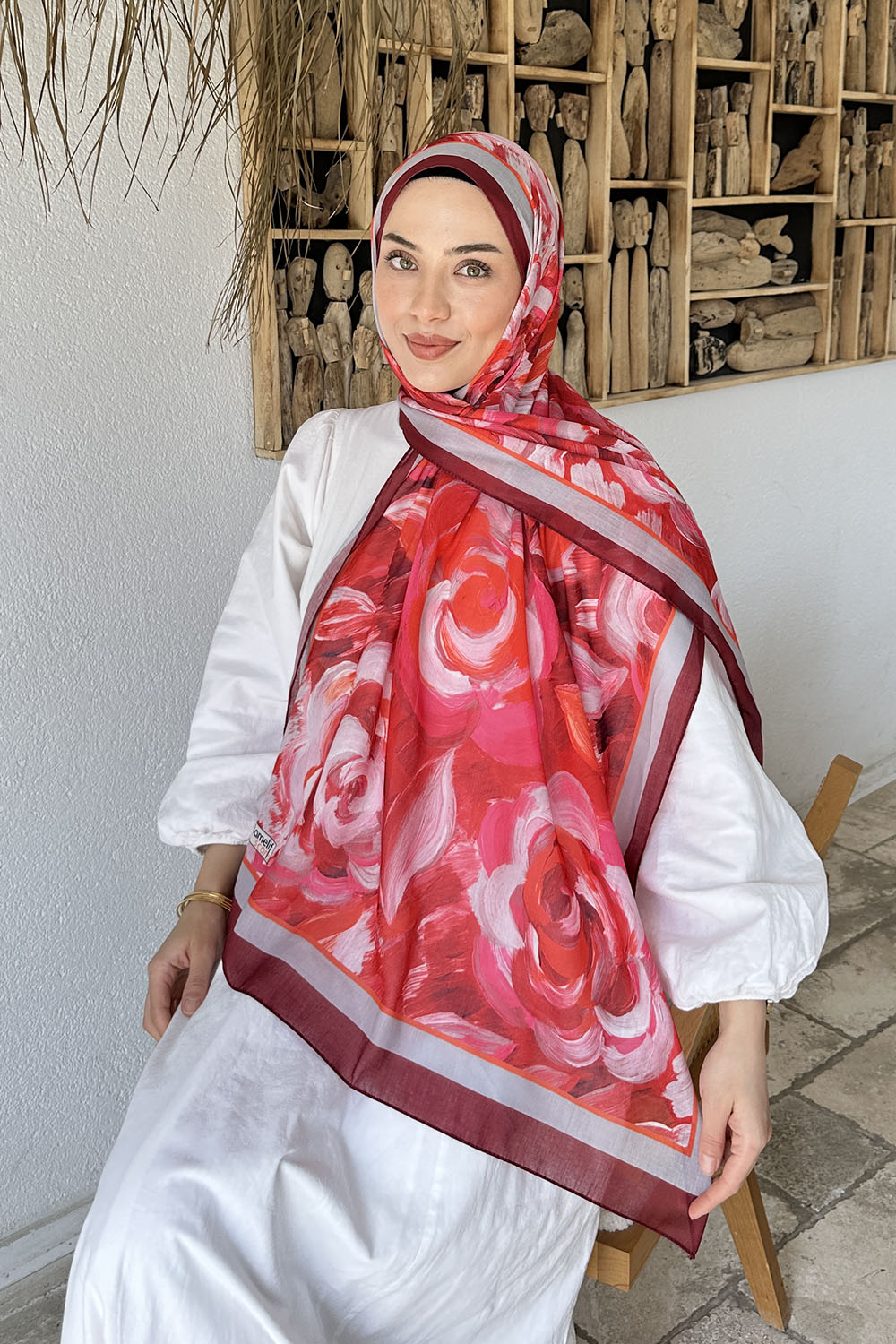 Lamelif Çiçek Desen Pamuk Şal Bordo