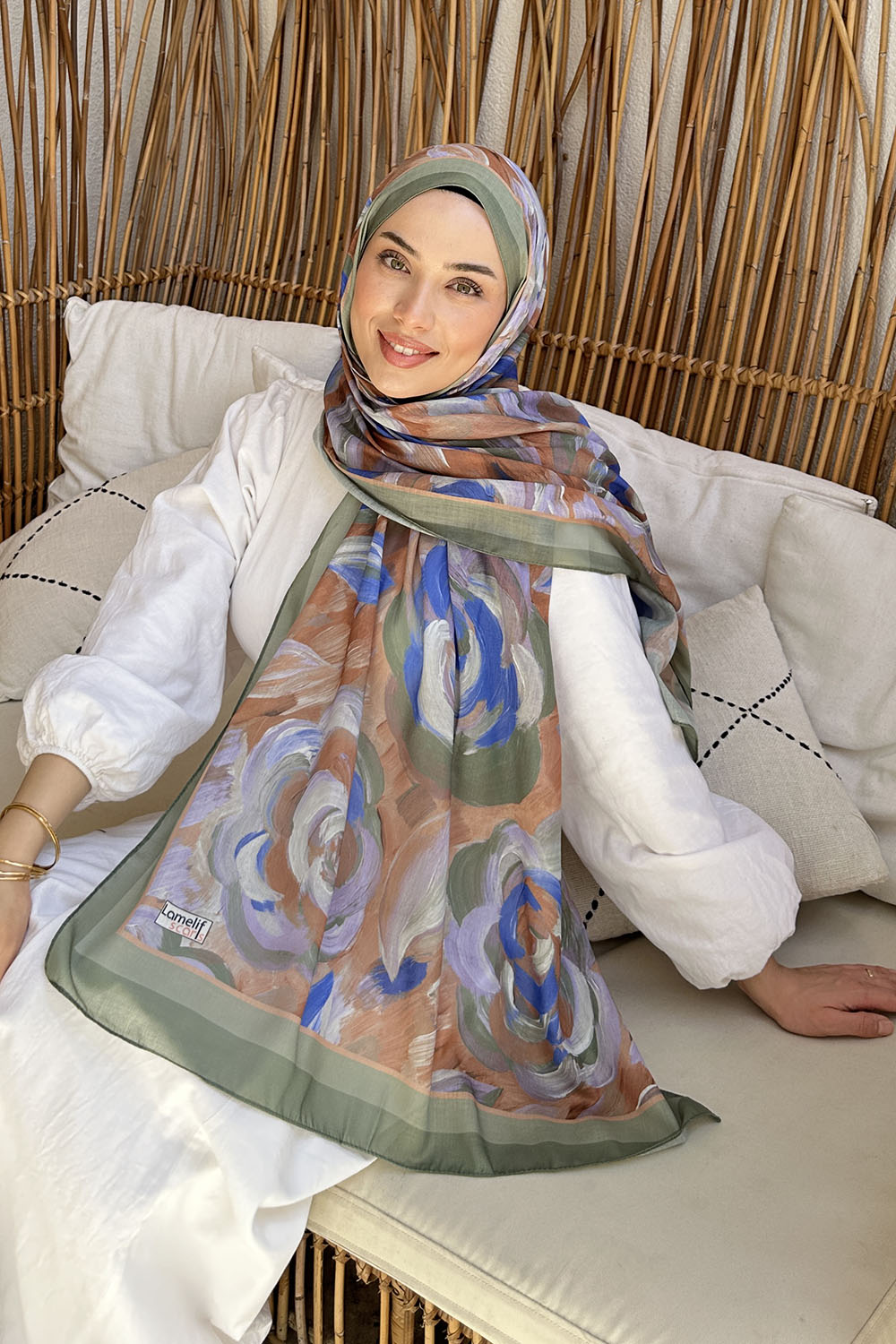 Lamelif Çiçek Desen Pamuk Şal Haki