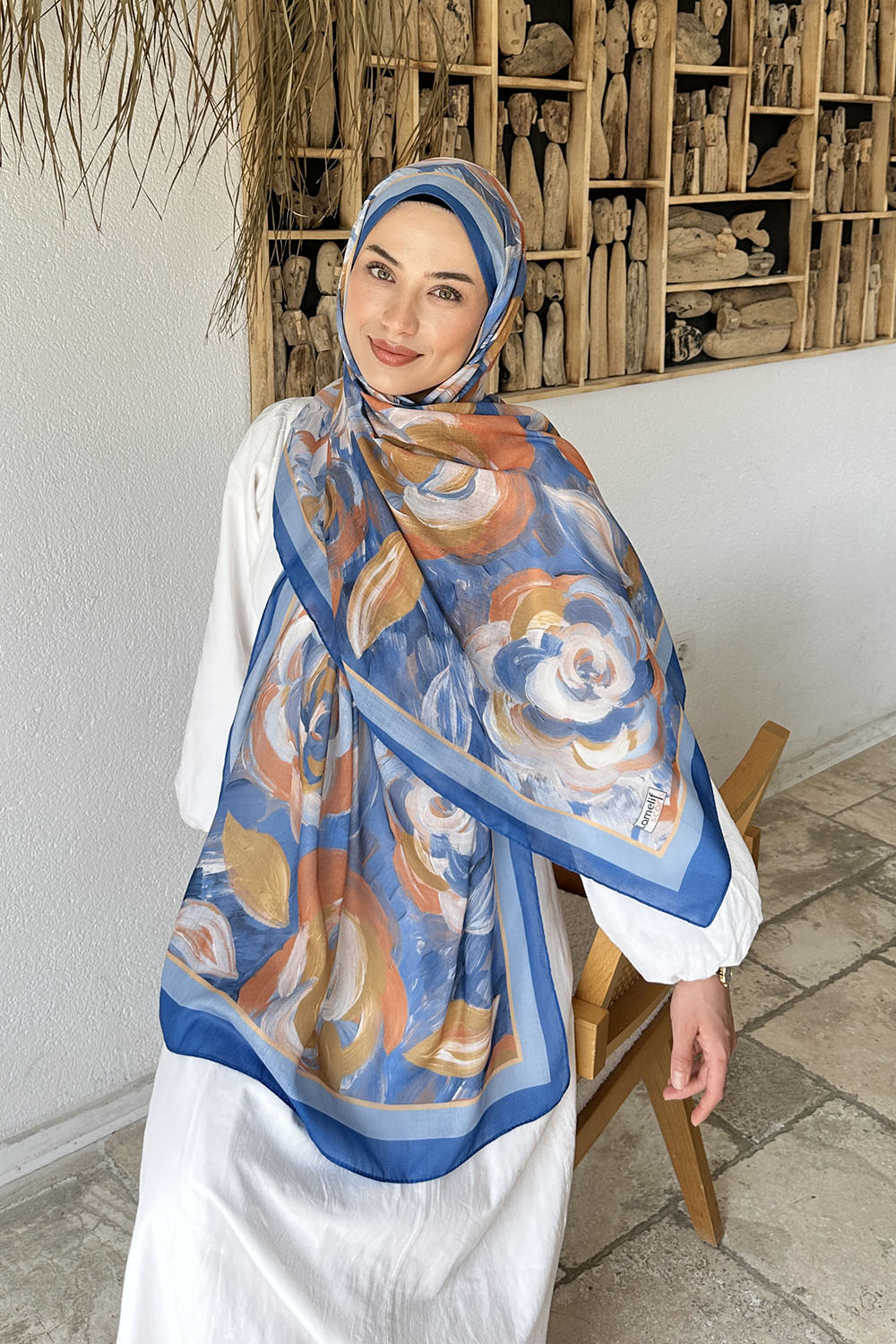 Lamelif Çiçek Desen Pamuk Şal Mavi