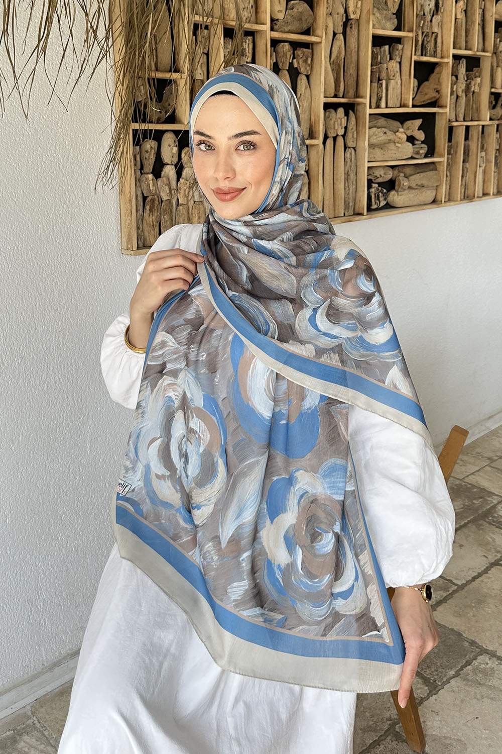 Lamelif Çiçek Desen Pamuk Şal Taş Mavi