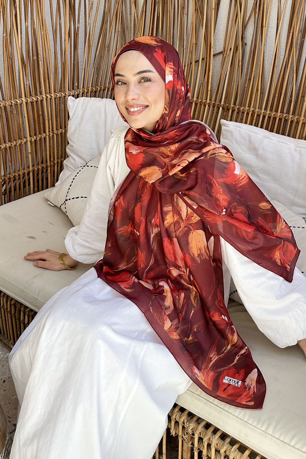 Lamelif Çicek Desen Soft Şal Bordo