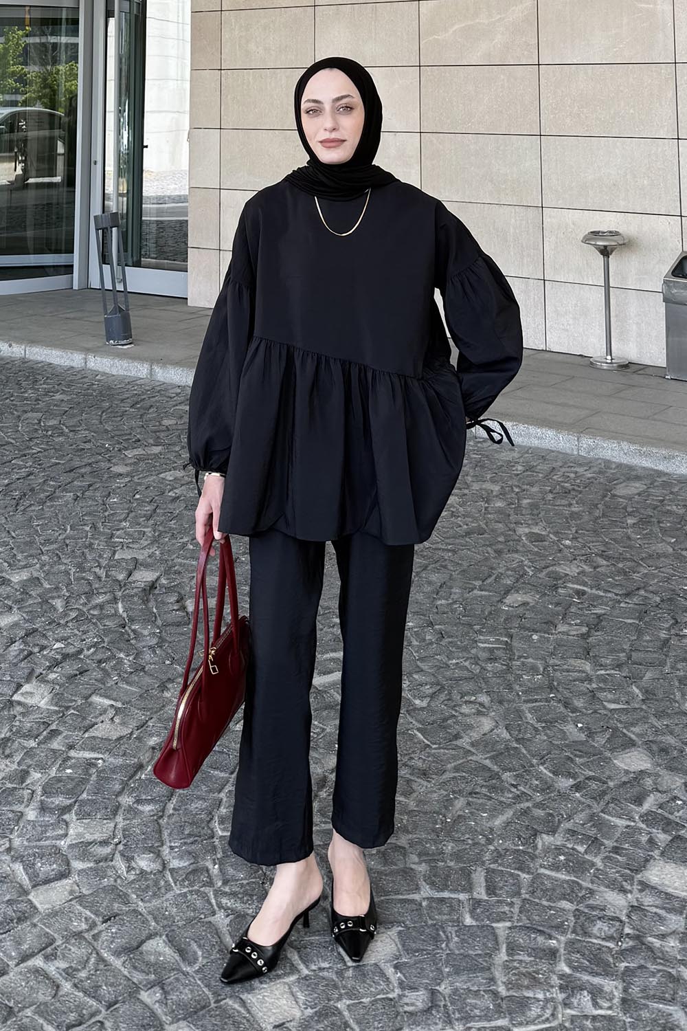 Lamelif Fırfırlı Bluz Pantolon Takım Siyah