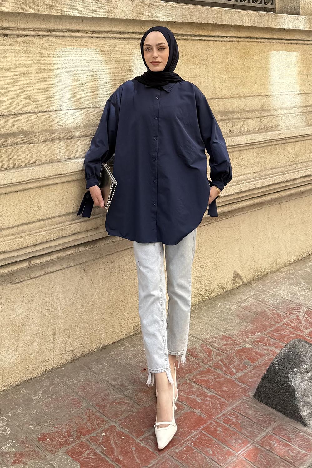 Lamelif Kol Detaylı Gömlek Lacivert