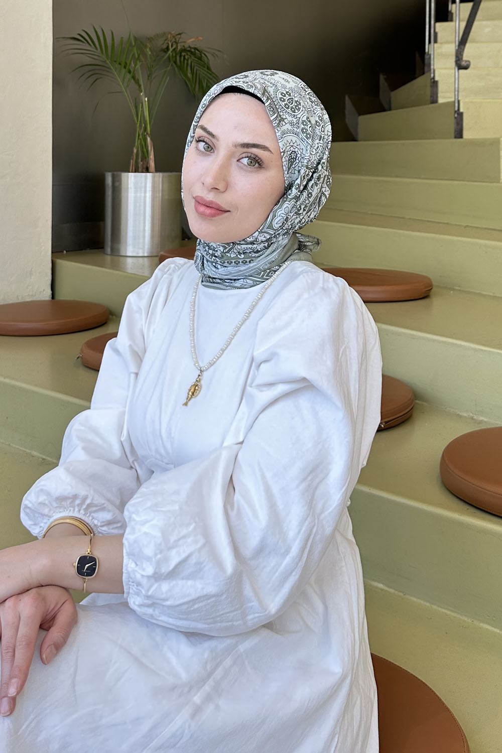 Lamelif Retro Desen Soft Eşarp Çağla Yeşili