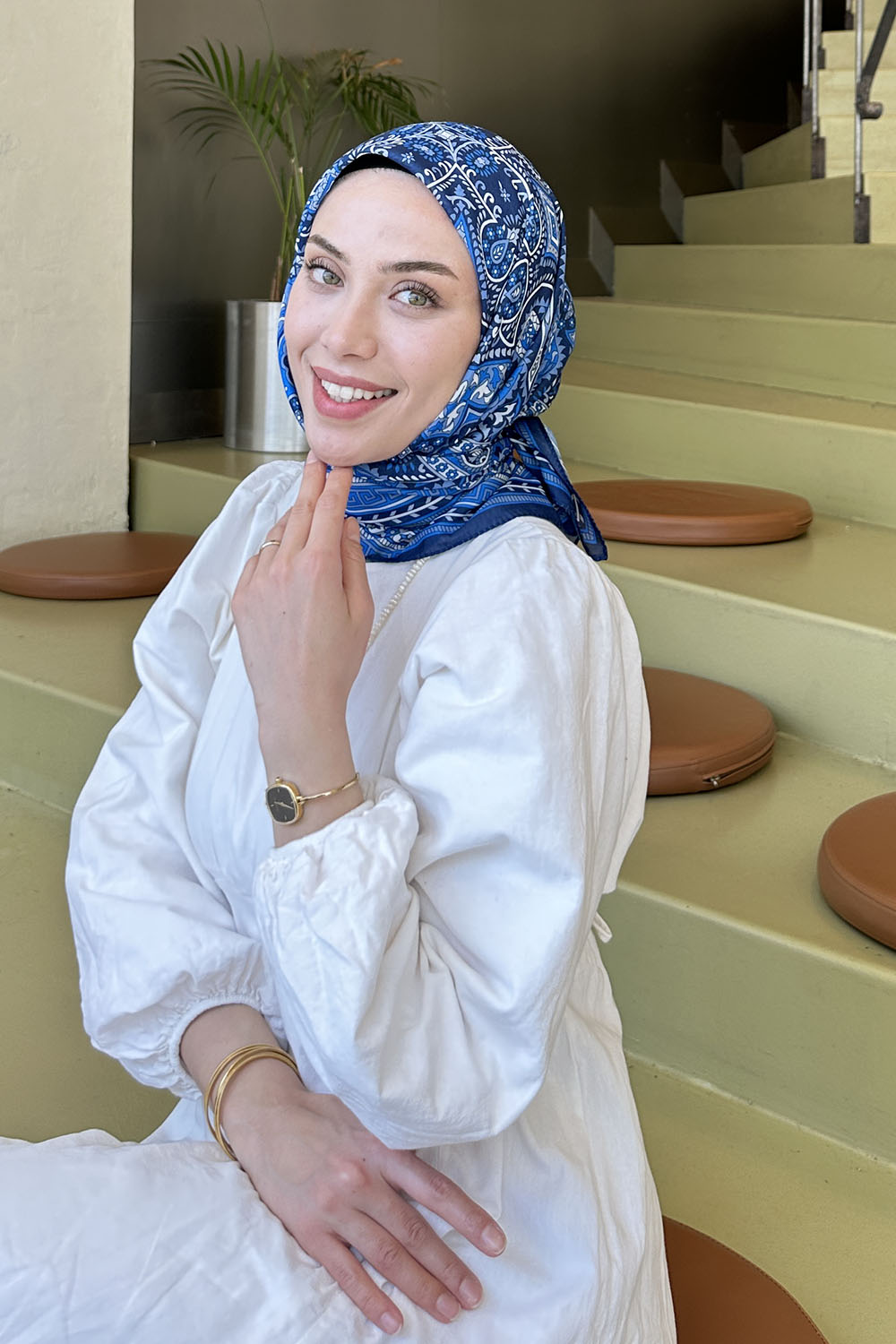 Lamelif Retro Desen Soft Eşarp Lacivert