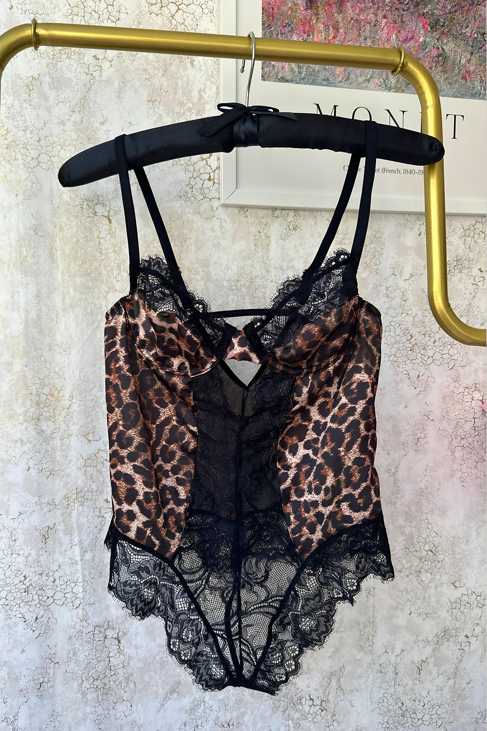 Lamelif Saten Leopar Dantel  Body Suit