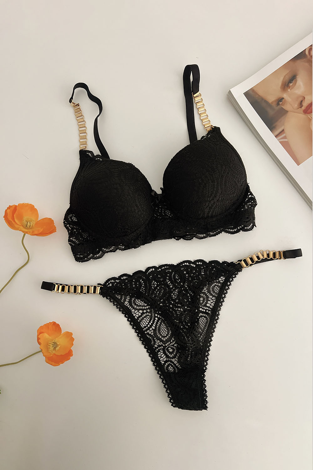 Lamelif Dantelli Destekli Sütyen Takım Siyah Renk