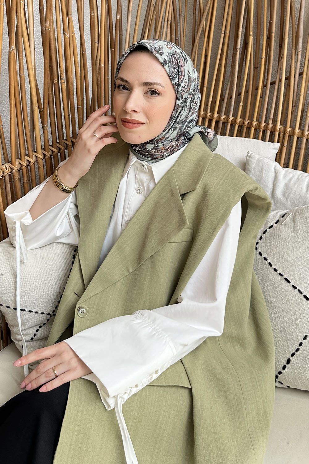 Lamelif Retro Desen Soft Eşarp Adaçayı