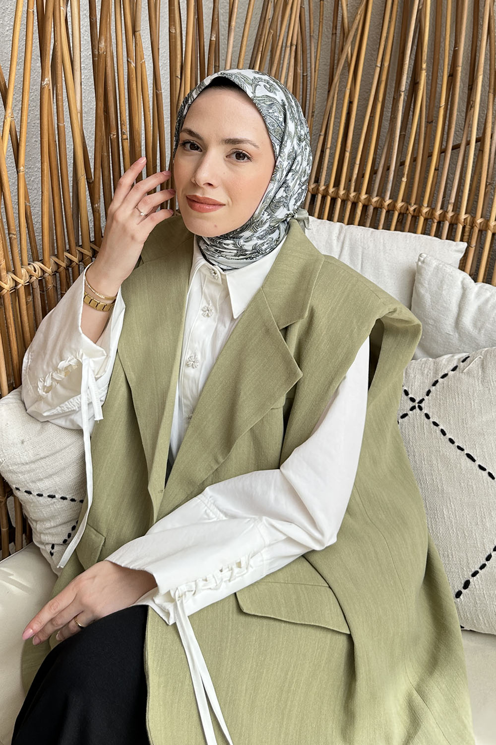 Lamelif Retro Desen Soft Eşarp Mint Yeşili